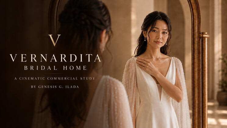 A cinematic study of a bridal home where tenderness, memory, and craftsmanship gather around the woman becoming a bride. Vernardita Bridal Home cinematic commercial study title card showing a bride in an ivory gown quietly meeting her reflection in a warm, elegant mirror.