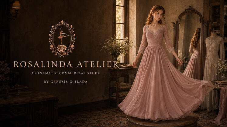 Rosalinda Atelier cinematic commercial study title card showing a young woman in a flowing muted-pink gown inside a warmly lit dressmaking atelier.