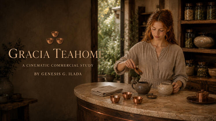 A cinematic study of a teahome where inherited recipes, careful ritual, and the warmth of the table restore belonging. The Gracia Teahome cinematic commercial study title card showing a woman preparing tea in a warmly lit, rustic teahome.