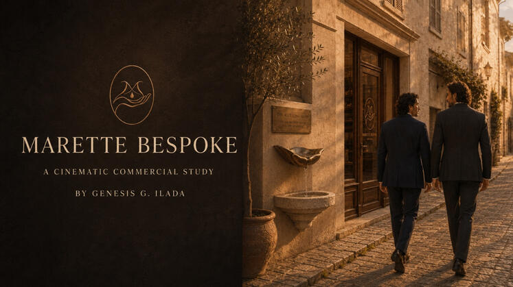 A cinematic study of bespoke tailoring where every garment begins before the cloth and honors the man within. Marette Bespoke cinematic commercial study title card showing two men approaching a warmly lit bespoke atelier along a cobblestone street.