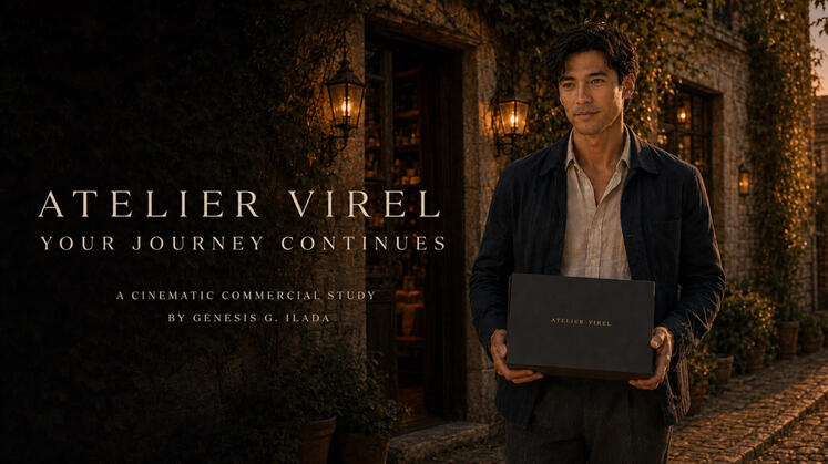 Atelier Virel cinematic commercial study title card showing a man holding a shoebox outside a warmly illuminated, ivy-covered atelier.