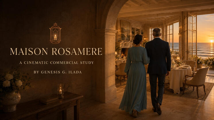 Maison Rosamere cinematic commercial study title card showing a couple entering a warmly lit seaside dining room at sunset.