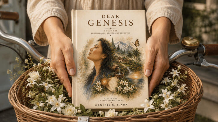 Dear Genesis — Keepsake Edition Dear Genesis Keepsake Edition displayed in a flower-filled wicker bicycle basket and held in warm natural light.
