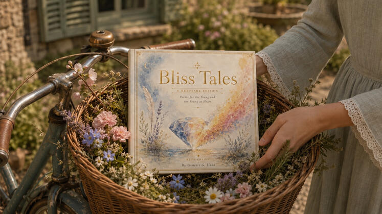 Bliss Tales Keepsake Edition nestled among wildflowers in a wicker bicycle basket under warm natural light.