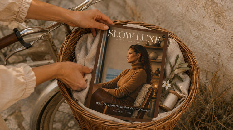 The Founder’s Issue of Slow Luxe Studio Magazine arranged with linen and botanical details in a wicker bicycle basket.