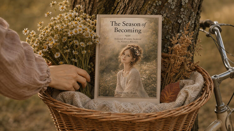 The Season of Becoming The Season of Becoming displayed beside a tree with gathered daisies, patterned linen, and a vintage bicycle basket.