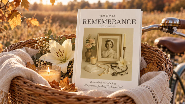 Bliss Chains Remembrance anthology displayed with an ivory lily, candle, autumn leaves, and cream linen in a wicker bicycle basket.