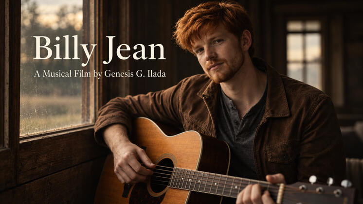 Red-haired musician in a brown jacket holds an acoustic guitar beside a softly lit rustic window; title reads “Billy Jean.”