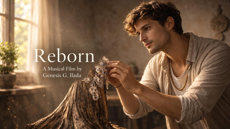 Reborn — A musical film by Genesis G. Ilada Young man gently touches translucent crystals growing from a weathered tree stump in a warmly illuminated room; title reads “Reborn.”