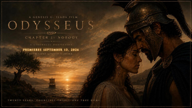 Odysseus: Chapter I — Nobody — A Cinematic Meditation by Genesis G. Ilada Odysseus in bronze armor rests his forehead against Penelope’s beside a darkening sea at sunset; title card announces “Odysseus: Chapter I — Nobody,” premiering September 13, 2026.