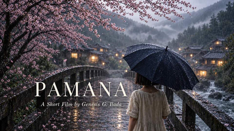 A solitary young girl in an ivory dress walks beneath a dark umbrella across a rain-soaked wooden bridge toward a misty village illuminated by warm lights; title reads “Pamana.”